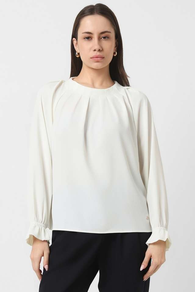 Solid-Blended-Fabric-Round-Neck-Women-s-Top