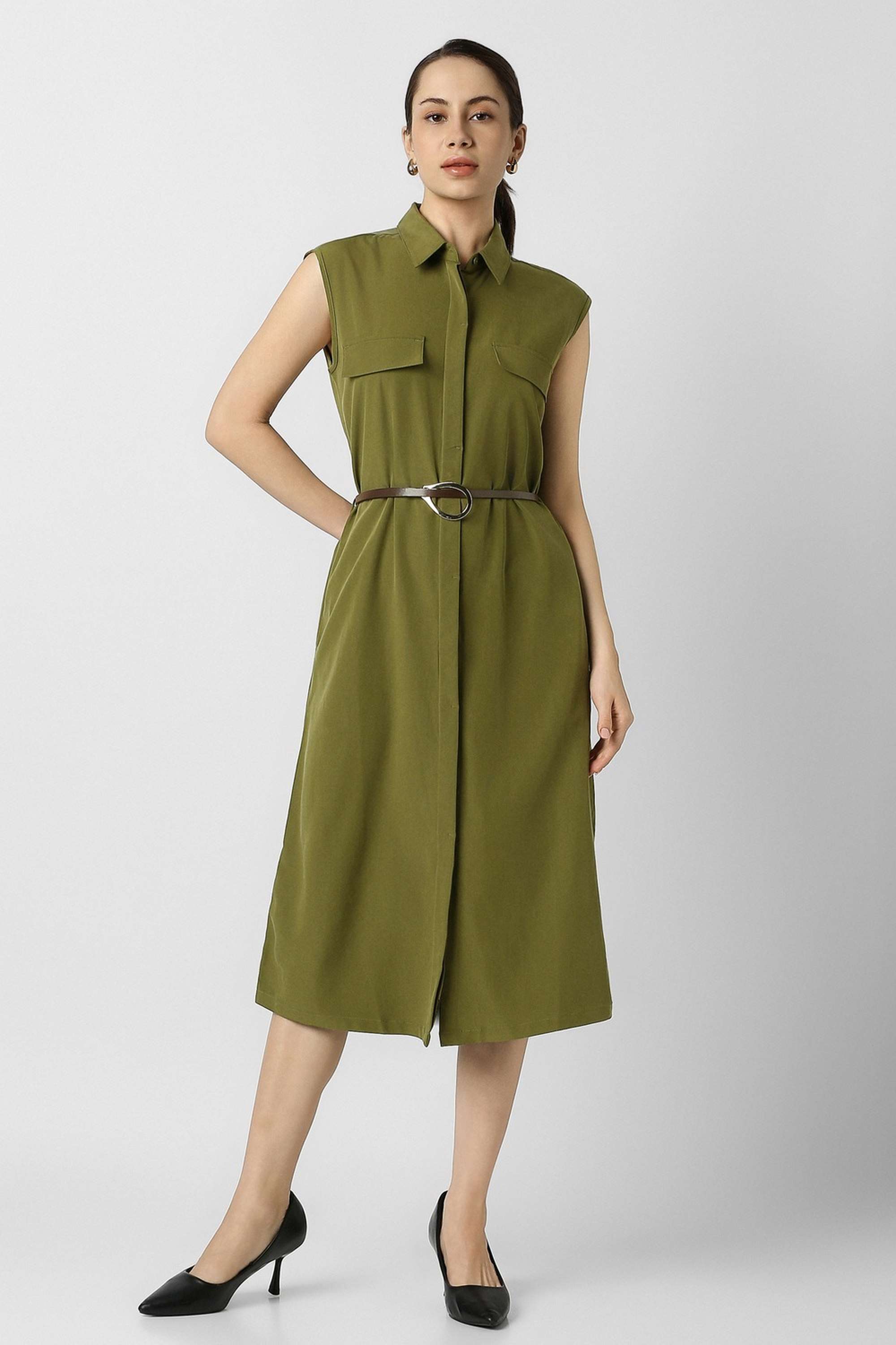 Solid-Collared-Rayon-Blend-Women-s-Calf-Length-Dress