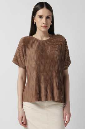 Solid-Polyester-Round-Neck-Women-s-Top
