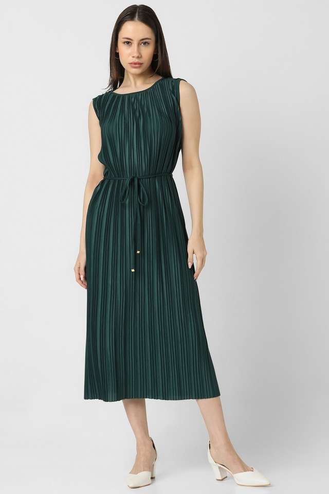 Buy Van Heusen Dark Green Solid Blended Fabric Collared Women's Dress |  Shoppers Stop