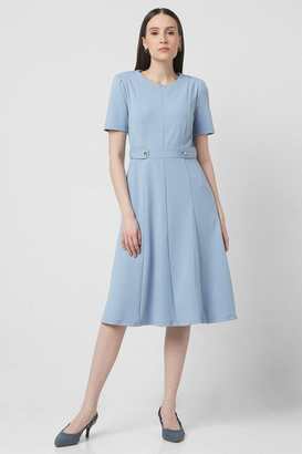 Solid-Polyester-Round-Neck-Women-s-Knee-Length-Dress