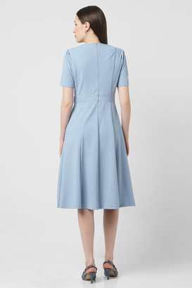 Solid-Polyester-Round-Neck-Women-s-Knee-Length-Dress