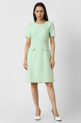 Textured-Polyester-Round-Neck-Women-s-Knee-Length-Dress