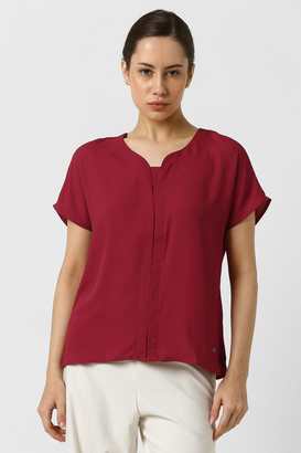 Solid-Polyester-V-Neck-Women-s-Top