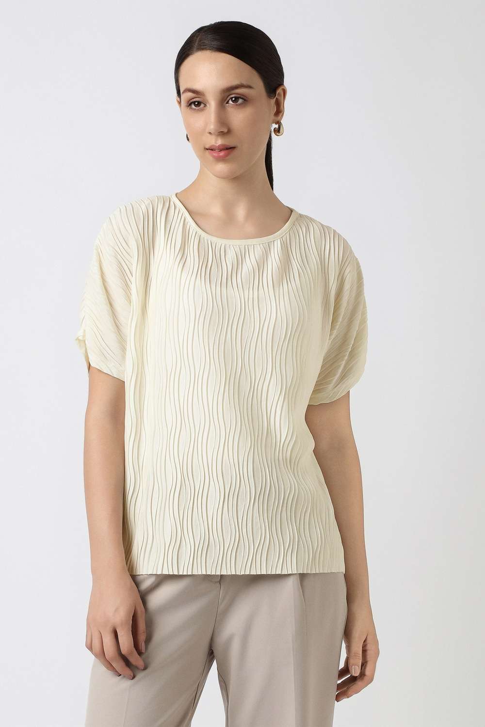 Solid-Polyester-Round-Neck-Women-s-Top