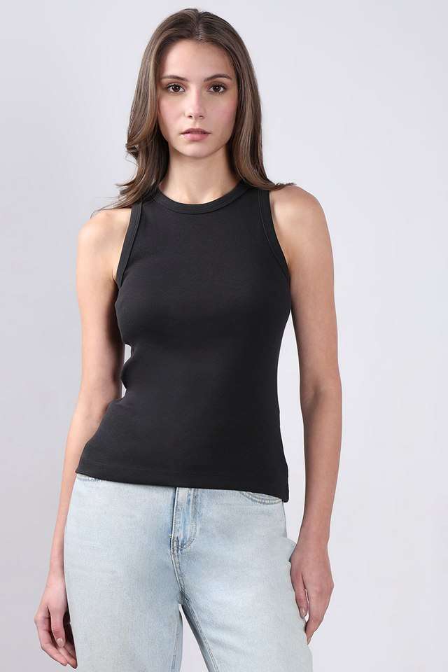 Solid-Cotton-Round-Neck-Women-s-Top