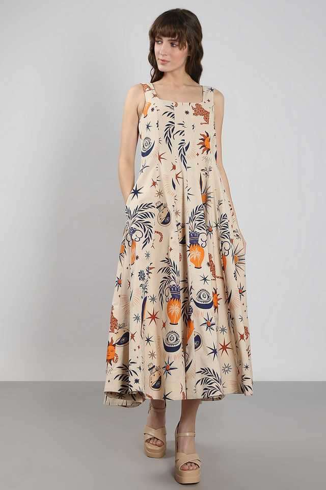 Buy VERO MODA Natural Printed Cotton Flared Fit Women's Midi Dress |  Shoppers Stop