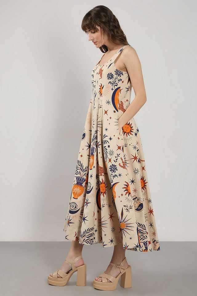 Buy VERO MODA Natural Printed Cotton Flared Fit Women's Midi Dress |  Shoppers Stop