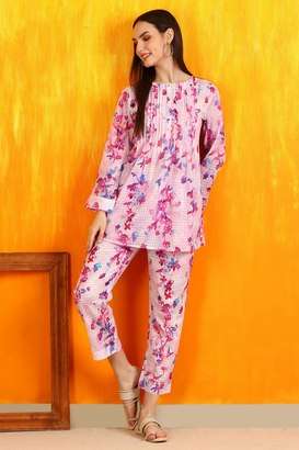 Floral-Cotton-Regular-Fit-Women-s-Short-Tunic-and-Pants-Co-ord-Set