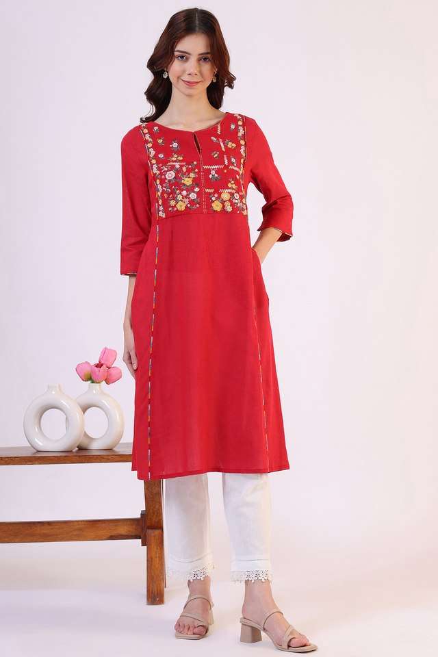 Solid-Rayon-Round-Neck-Women-s-Festive-Wear-Kurta