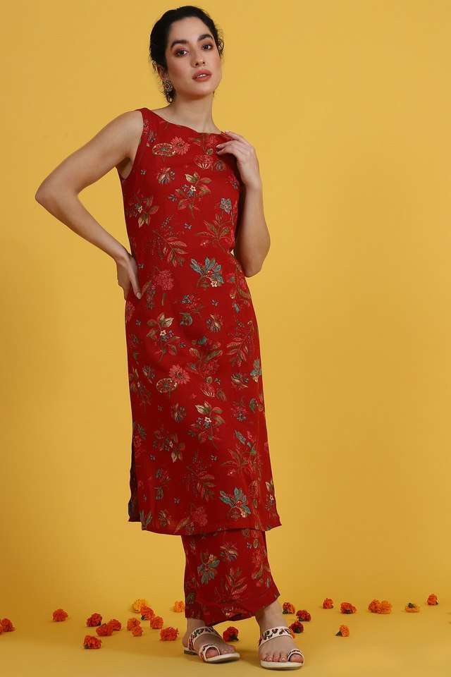 Floral-Calf-Length-Rayon-Woven-Women-s-Kurta-Set