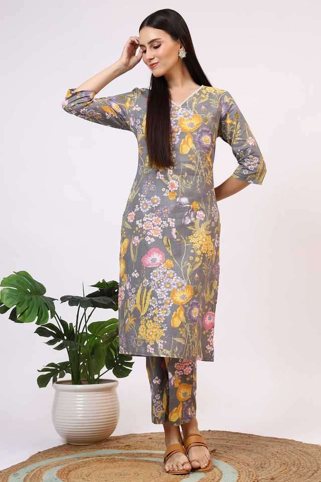 Floral-Knee-Length-Pure-Cotton-Woven-Women-s-Kurta-Set