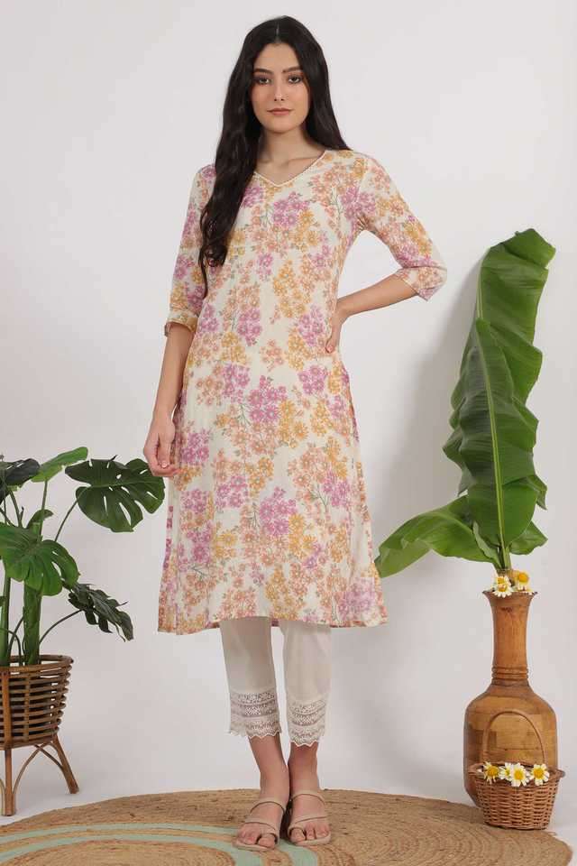 Floral-Pure-Cotton-V-Neck-Women-s-Casual-Wear-Kurta