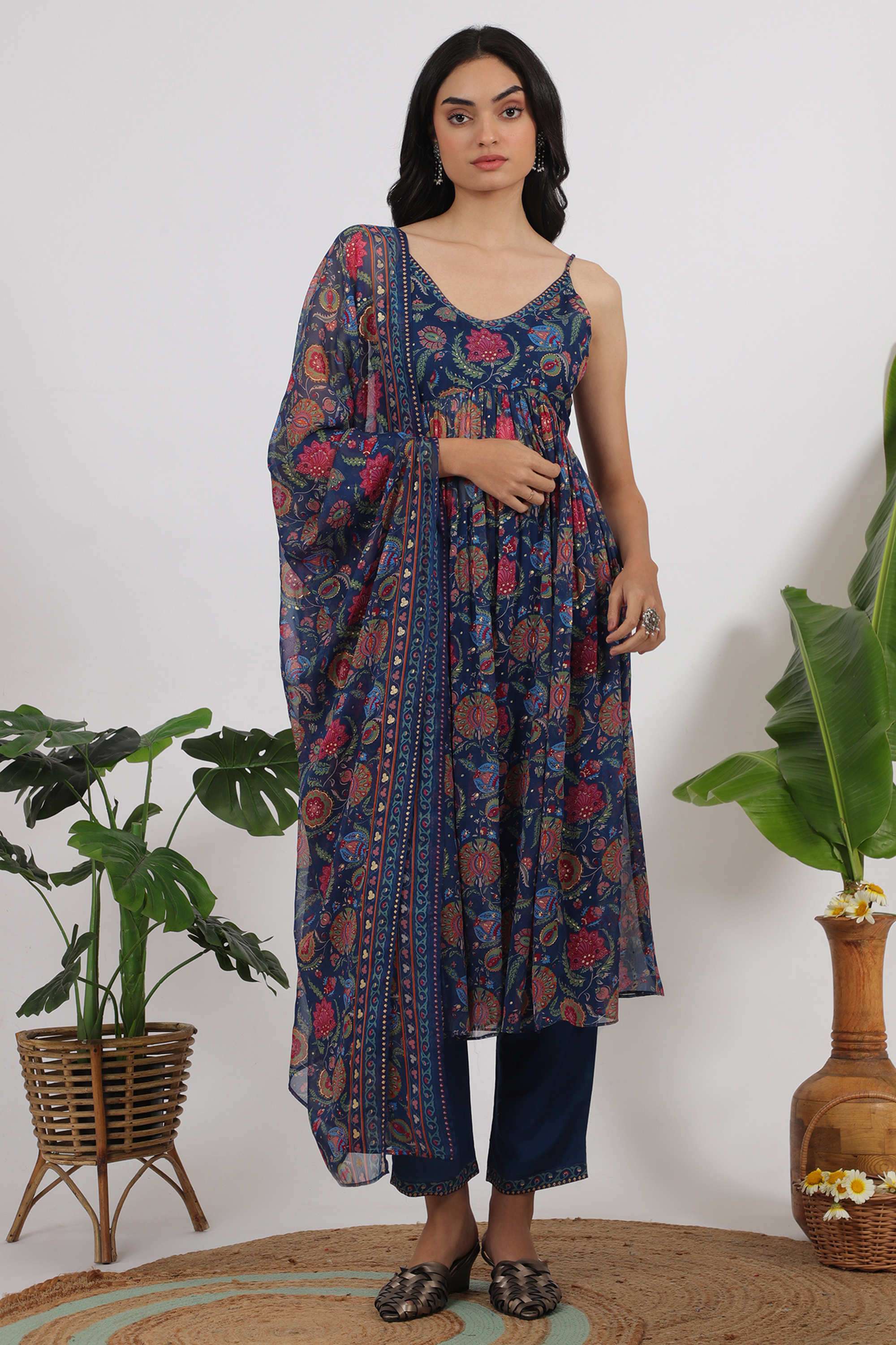 Floral-Calf-Length-Polyester-Woven-Women-s-Kurta-Set