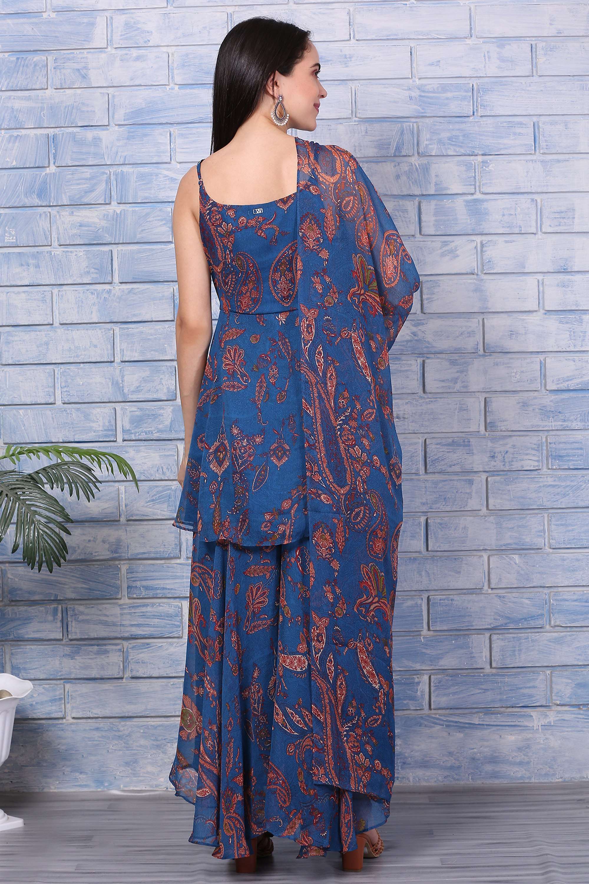 Printed-Polyester-Round-Neck-Women-s-Fusion-Wear-Kurta-set