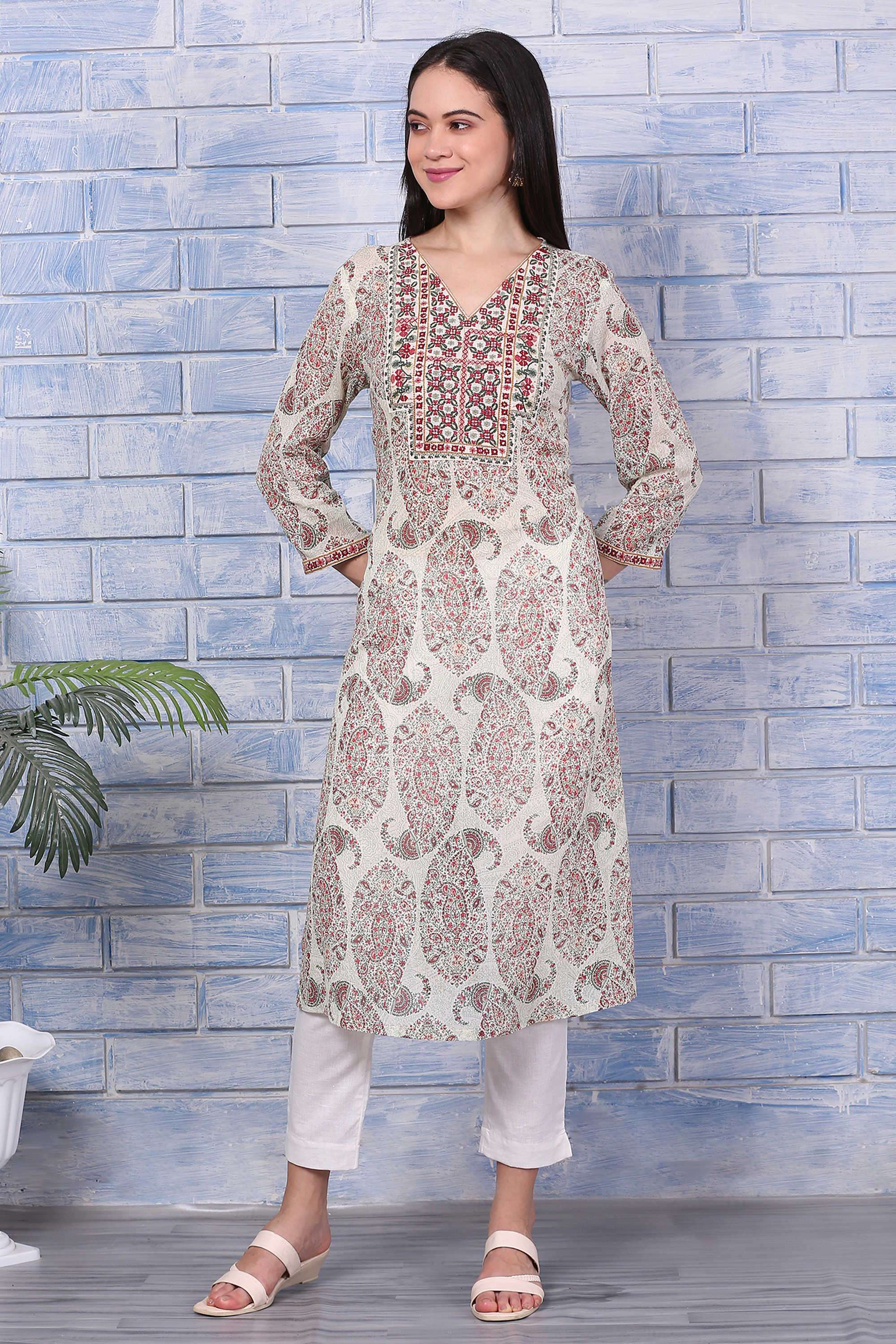 Printed-Cotton-V-Neck-Women-s-Fusion-Wear-Kurta