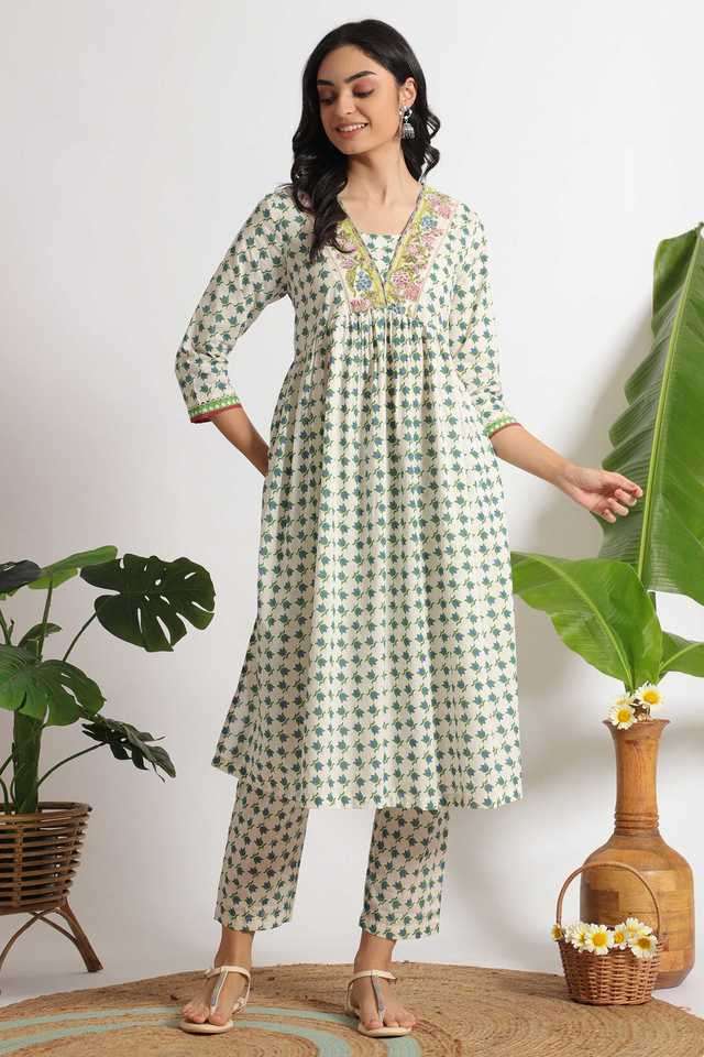 Floral-Calf-Length-Pure-Cotton-Woven-Women-s-Kurta-Set