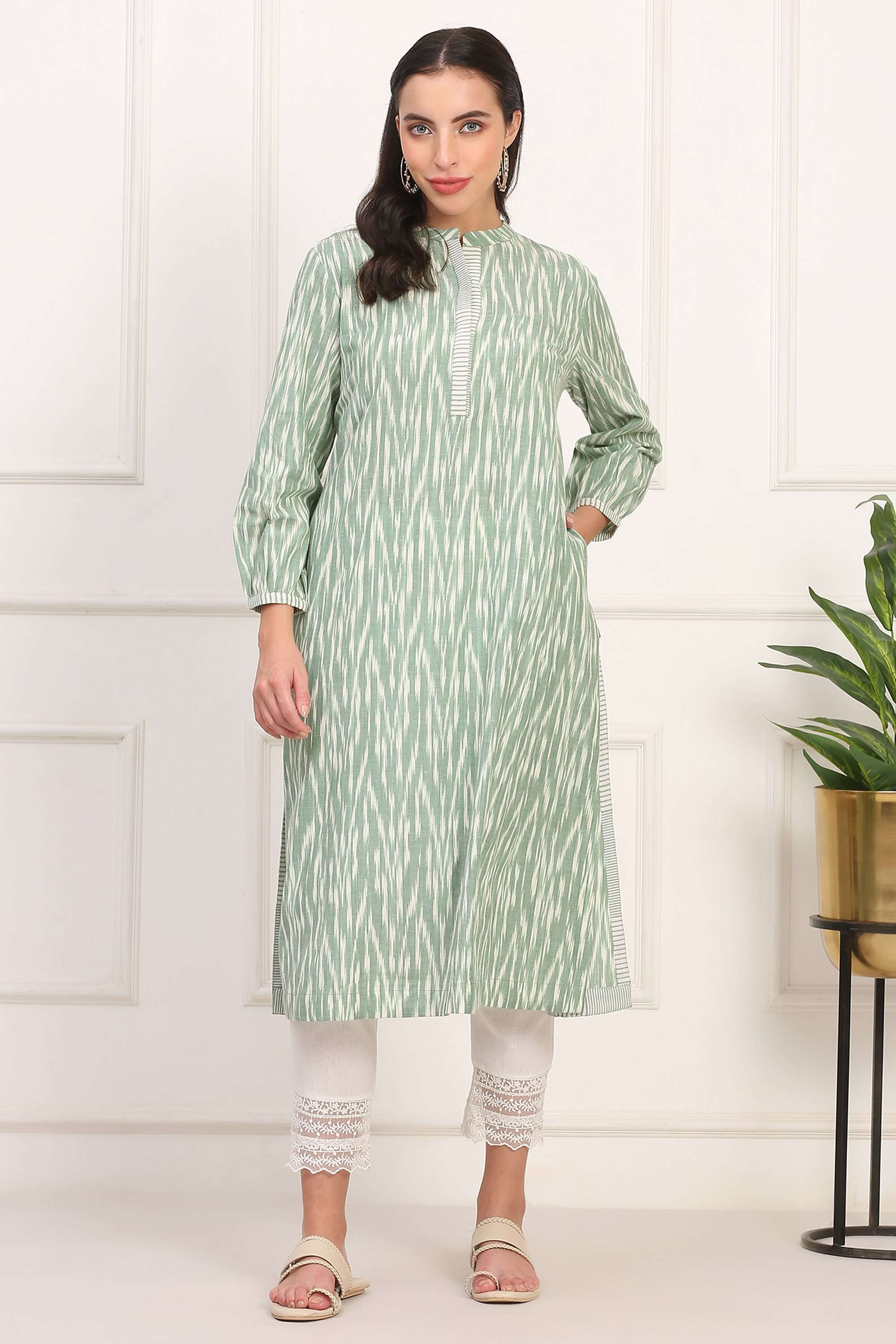 Ikkat-Pure-Cotton-Round-Neck-Women-s-Fusion-Wear-Kurta