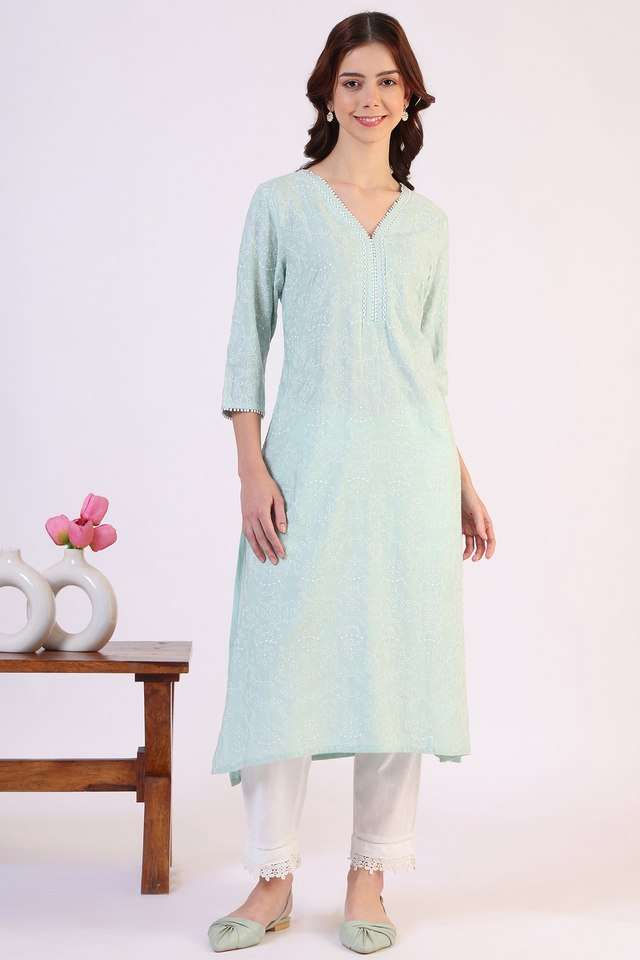 Embroidered-Rayon-V-Neck-Women-s-Festive-Wear-Kurta