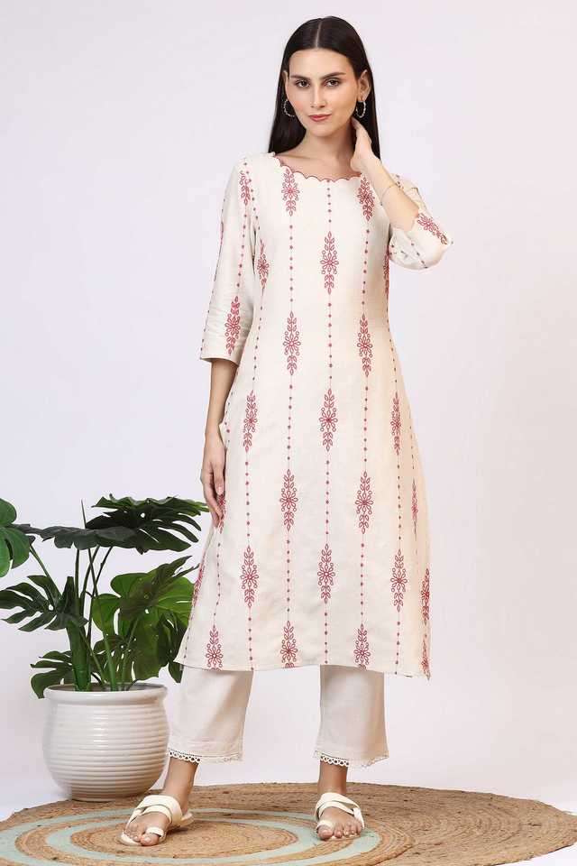 Embroidered-Cotton-Blend-Round-Neck-Women-s-Casual-Wear-Kurta