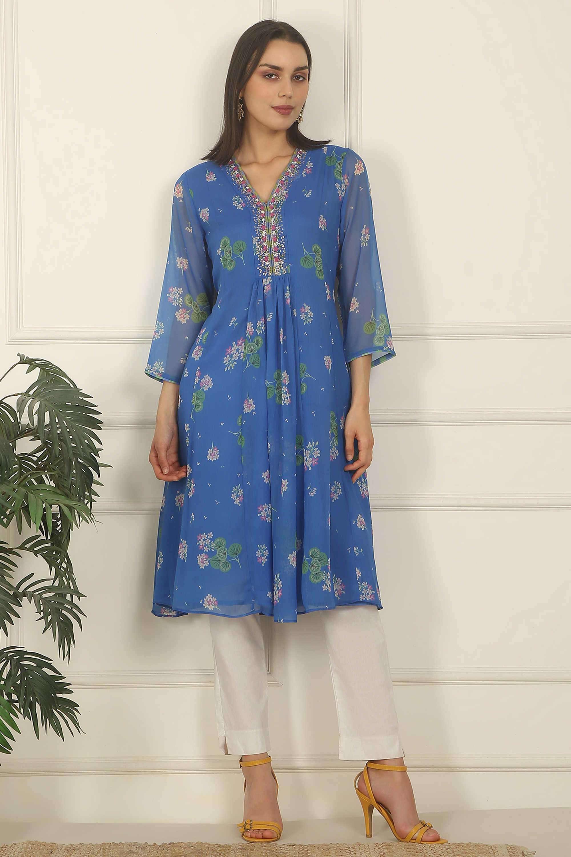 Floral-Polyester-V-Neck-Women-s-Fusion-Wear-Kurta