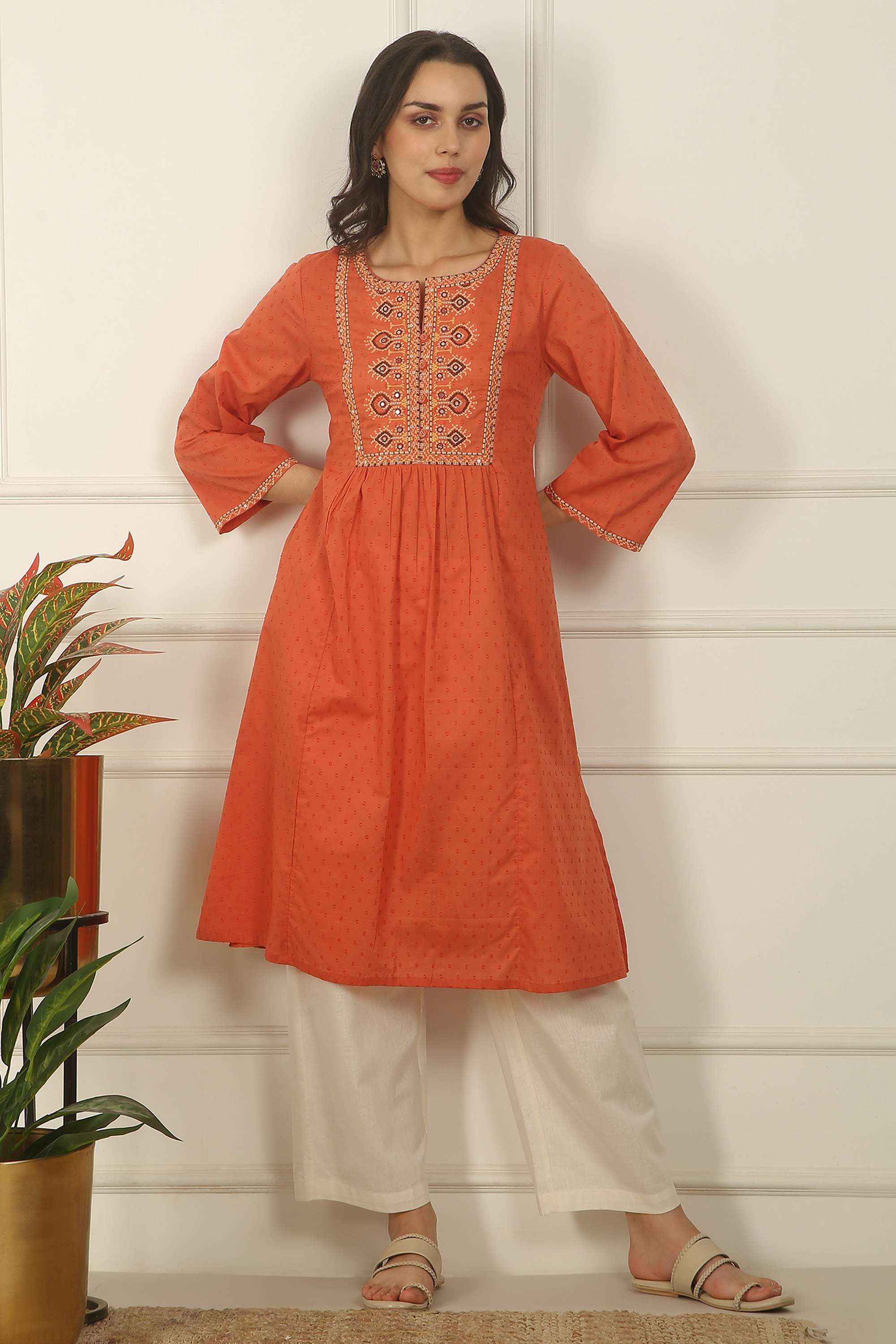 Embroidered-Pure-Cotton-Round-Neck-Women-s-Fusion-Wear-Kurta