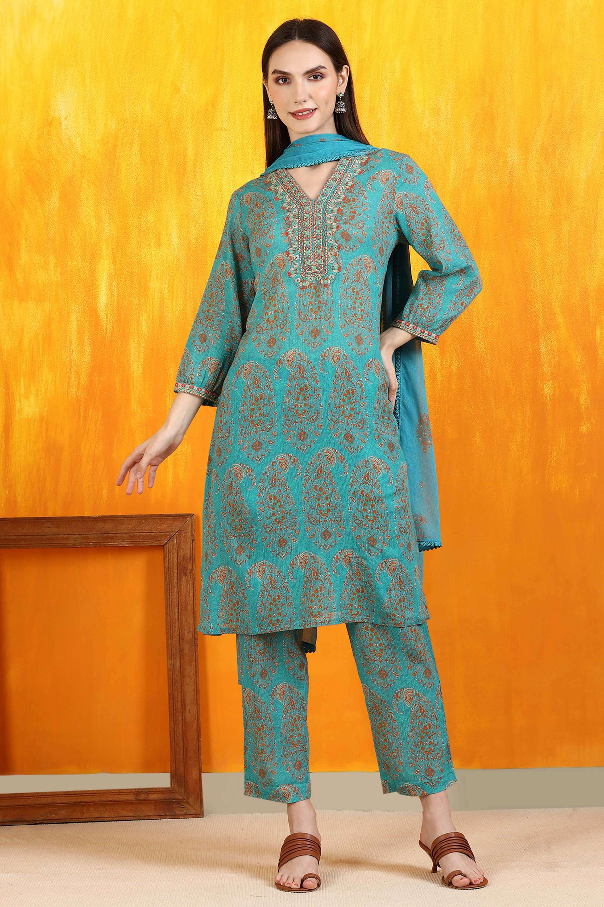 Paisley-Calf-Length-Pure-Cotton-Woven-Women-s-Kurta-Set