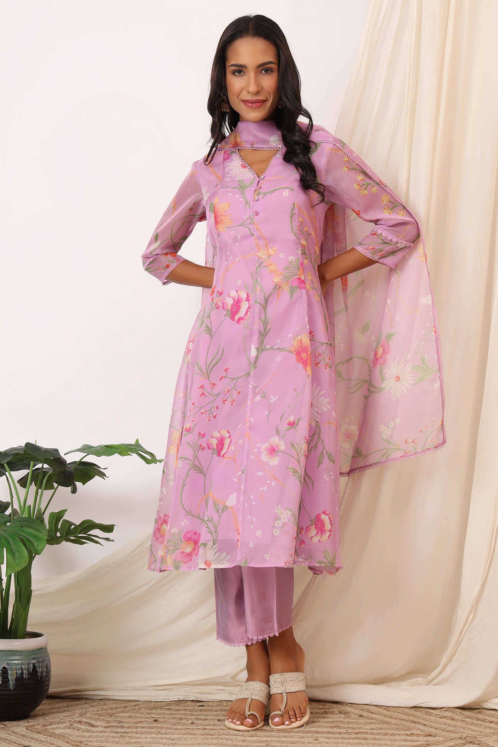 Floral-Calf-Length-Polyester-Woven-Women-s-Kurta-Set