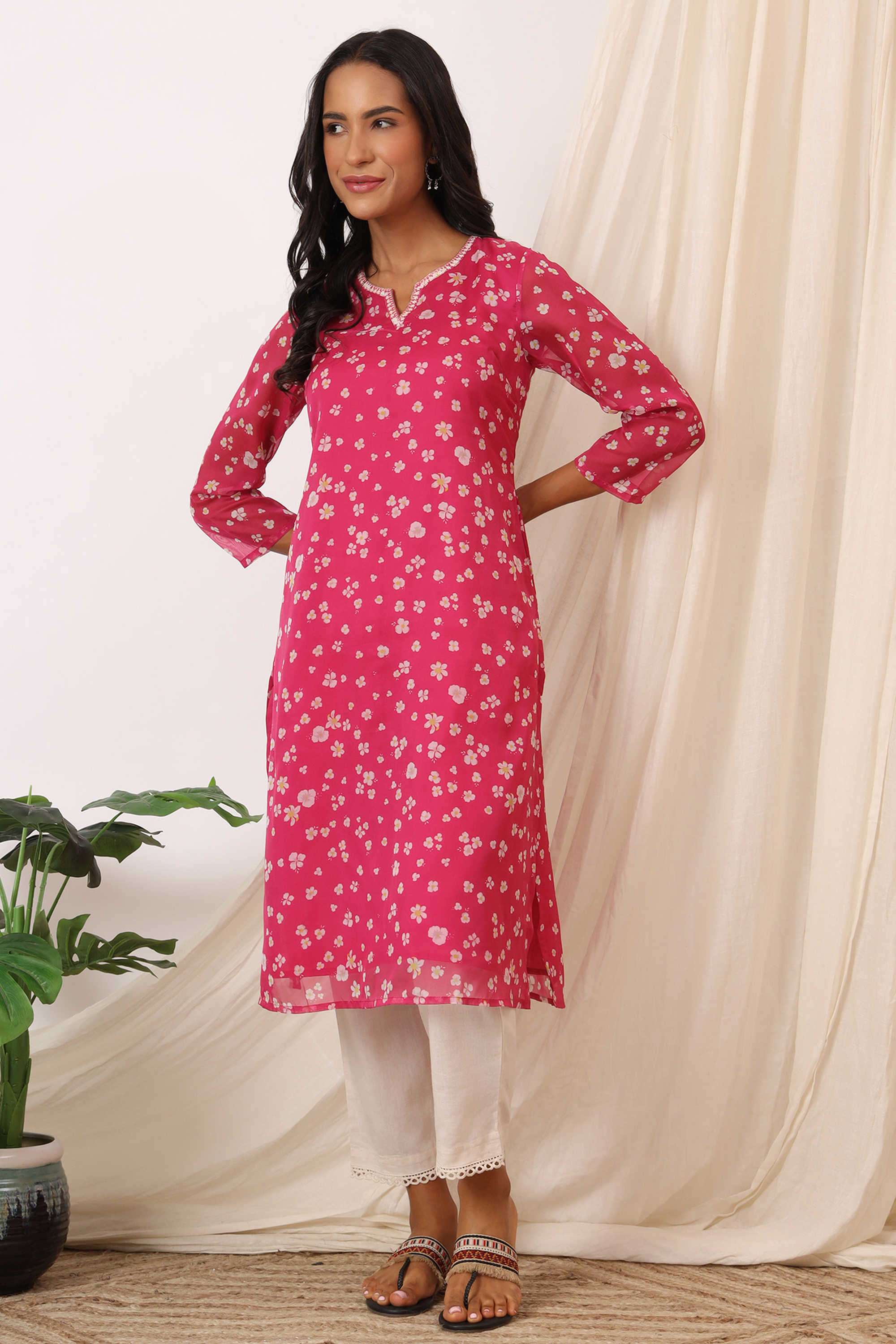 Floral-Polyester-Round-Neck-Women-s-Fusion-Wear-Kurta