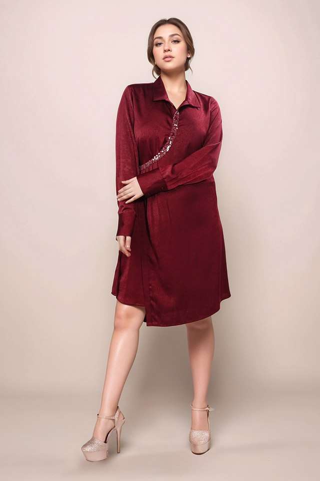 Solid-Polyester-Lapel-Collar-Women-s-Party-Wear-Dress