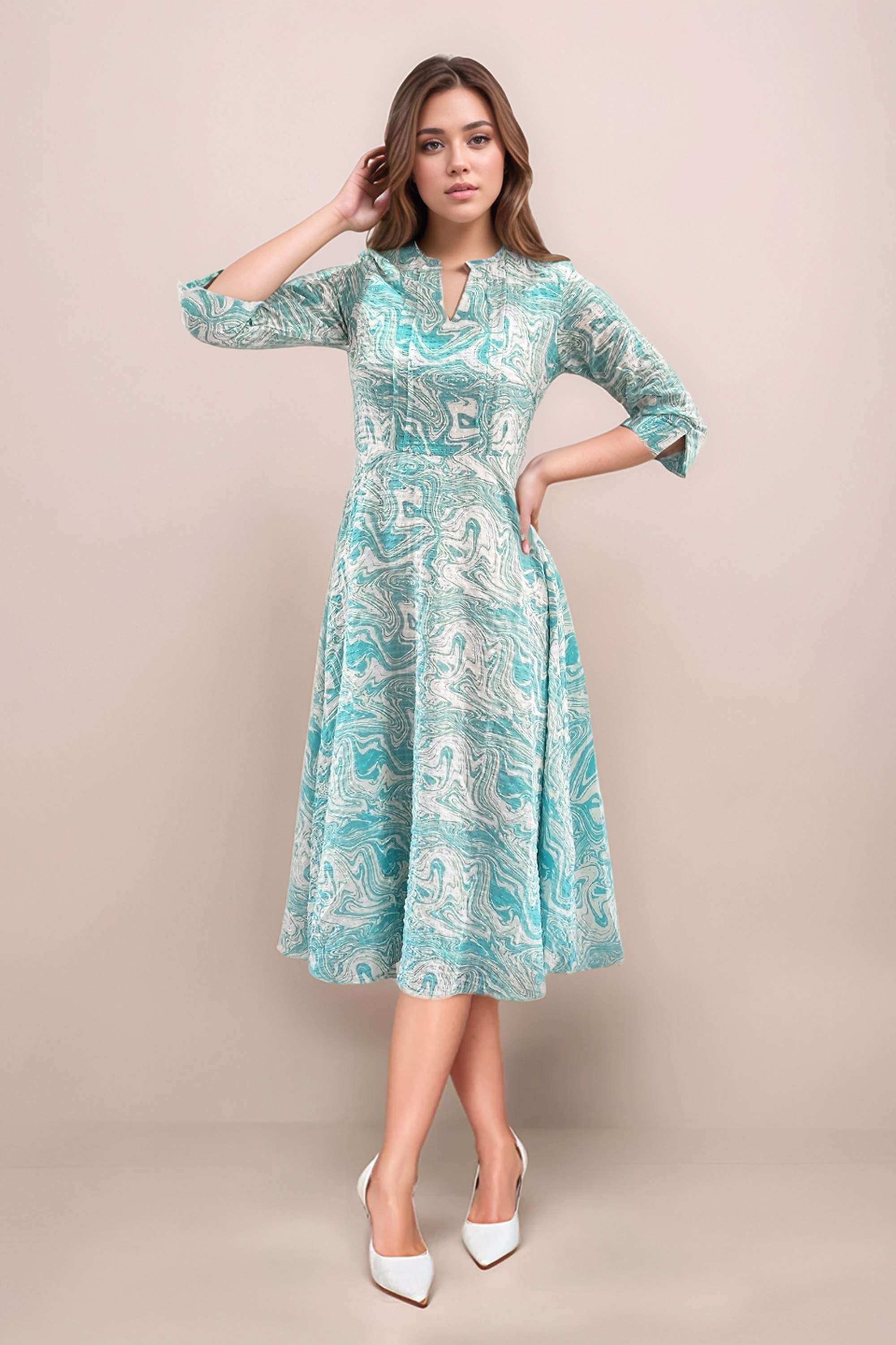 Abstract-Polyester-Scoop-Neck-Women-s-Midi-Dress