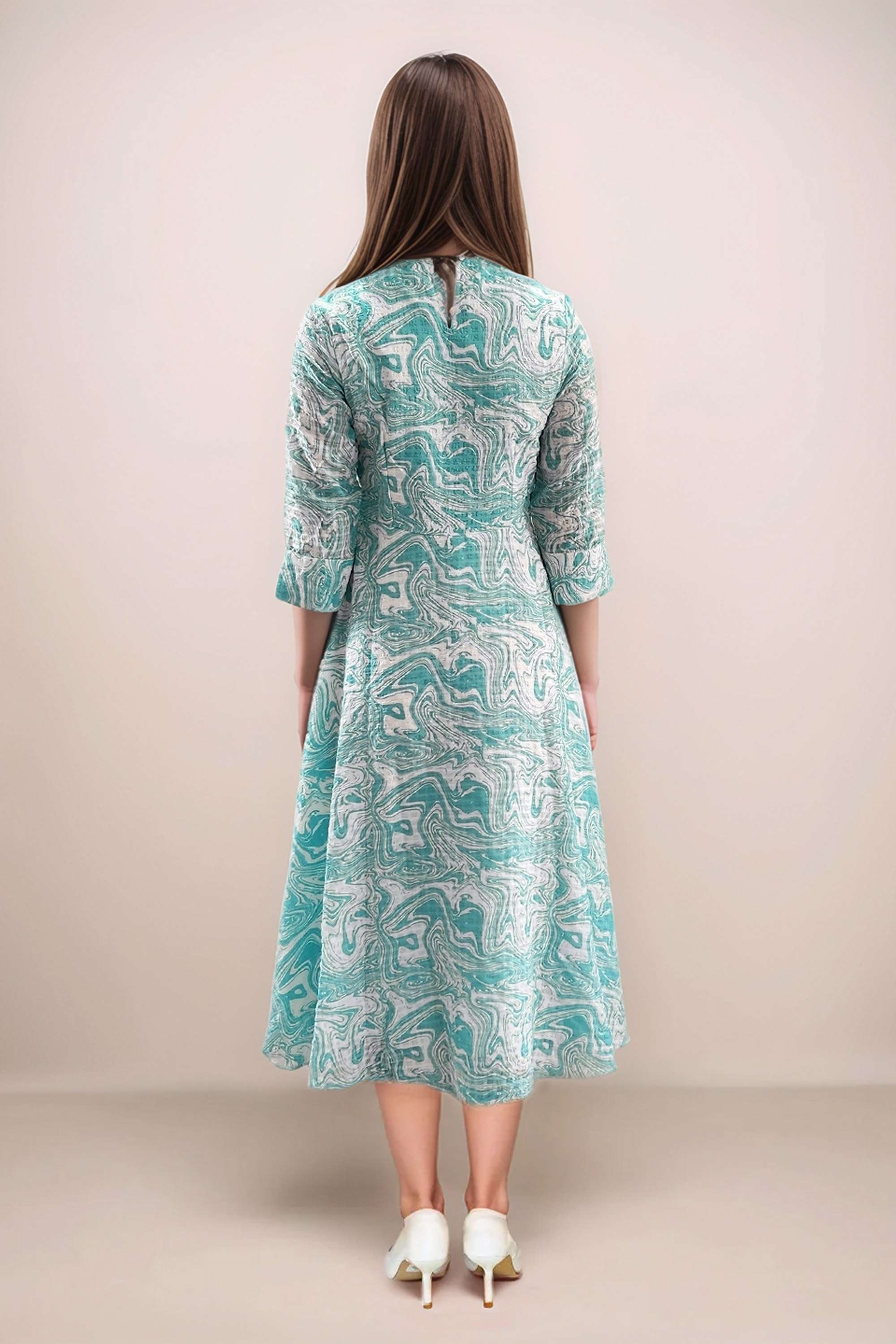 Abstract-Polyester-Scoop-Neck-Women-s-Midi-Dress