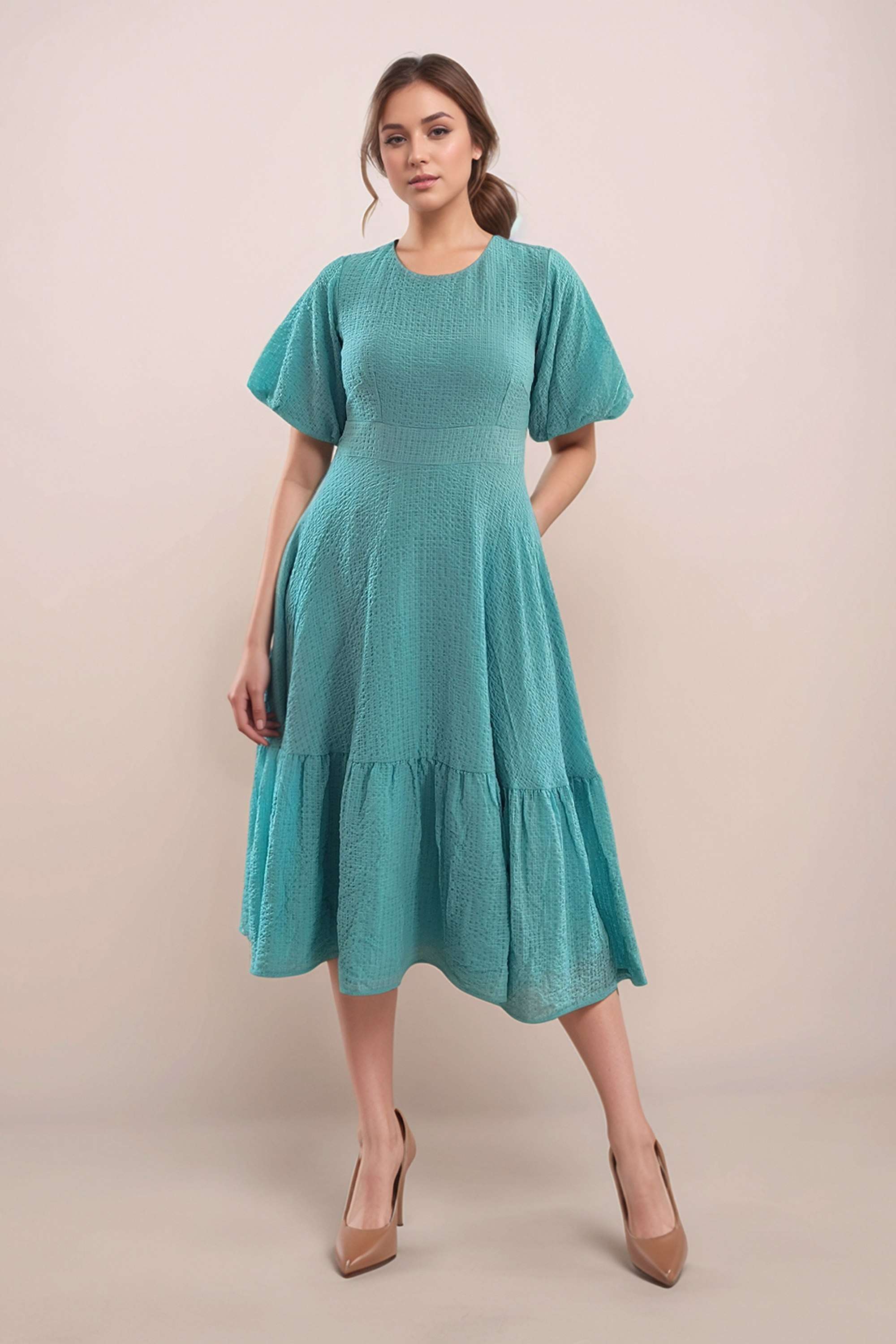 Textured-Polyester-Round-Neck-Women-s-Midi-Dress