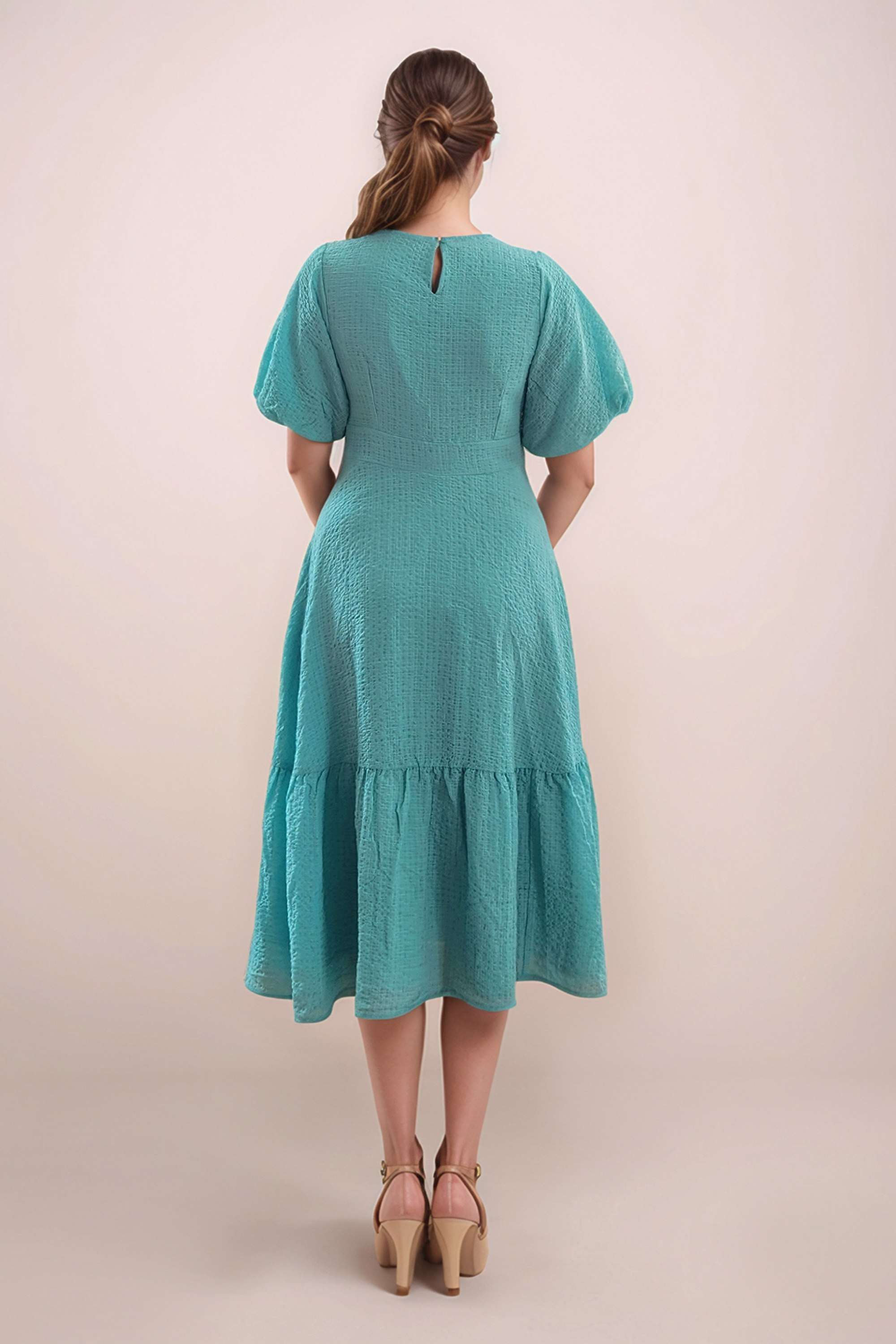 Textured-Polyester-Round-Neck-Women-s-Midi-Dress