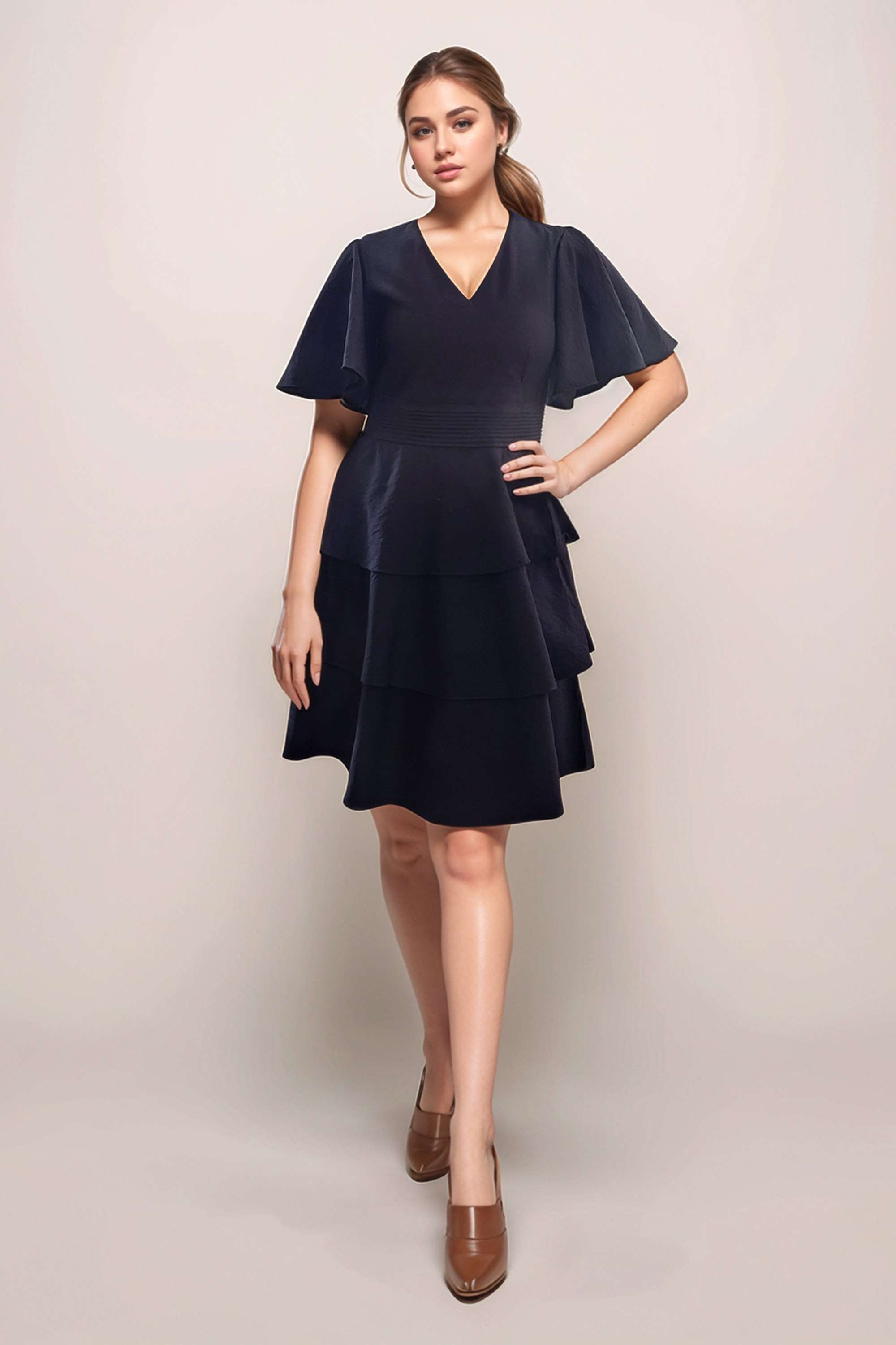 Solid-Blended-Fabric-V-Neck-Women-s-Mini-Dress