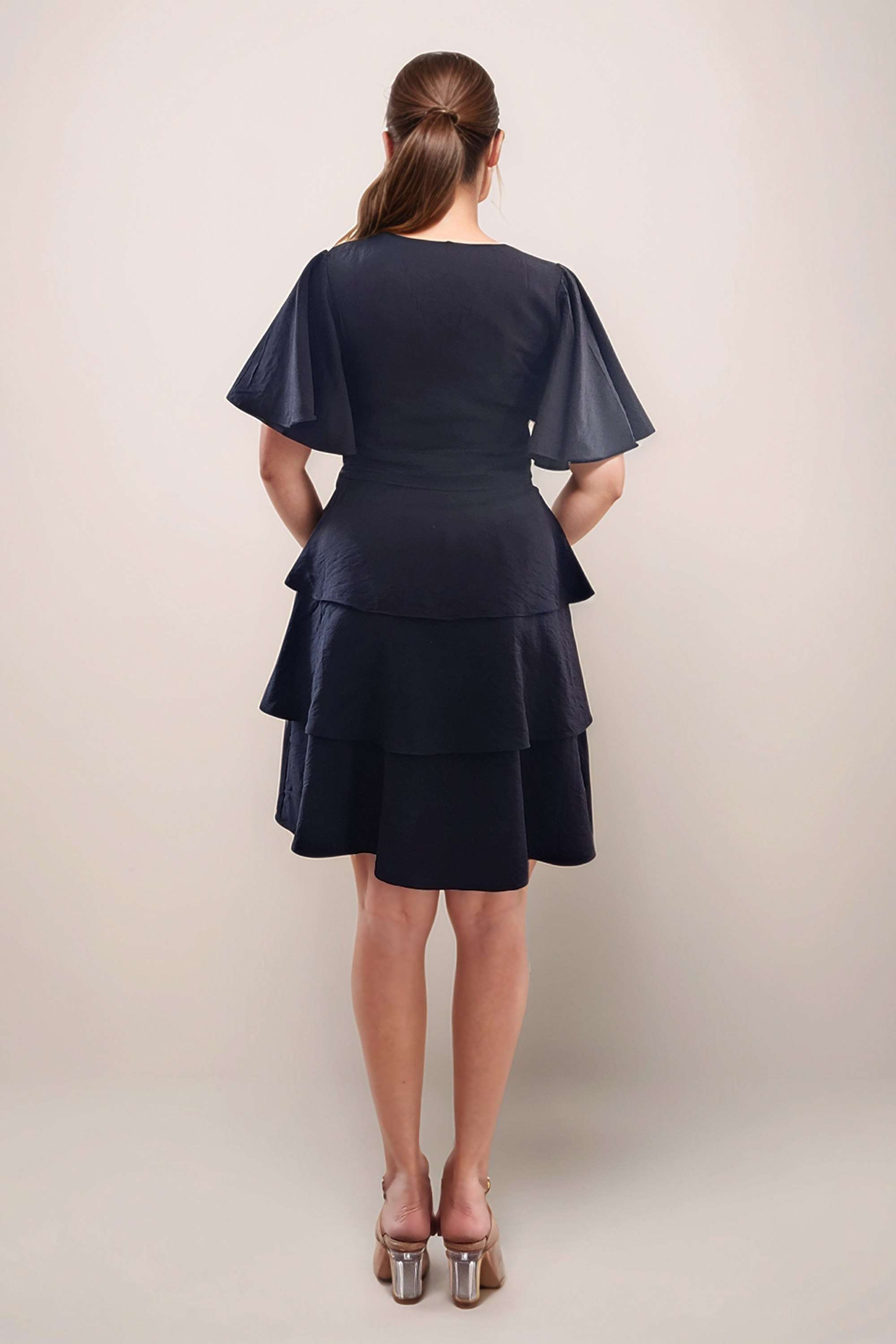 Solid-Blended-Fabric-V-Neck-Women-s-Mini-Dress