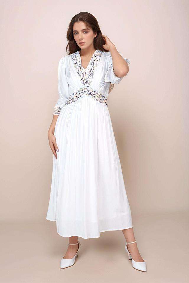 Solid-Polyester-Relaxed-Fit-Women-s-Midi-Dress
