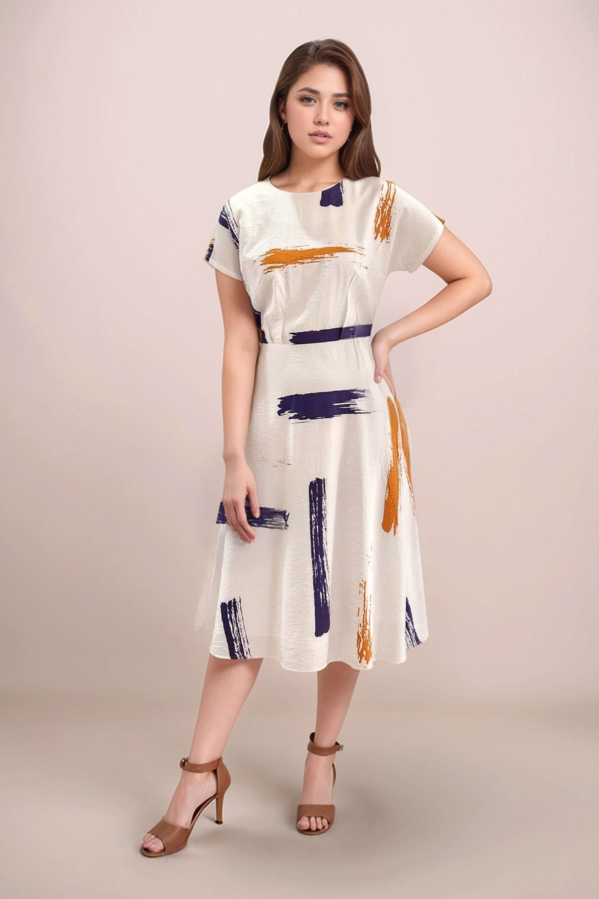 Abstract-Blended-Fabric-Round-Neck-Women-s-Midi-Dress