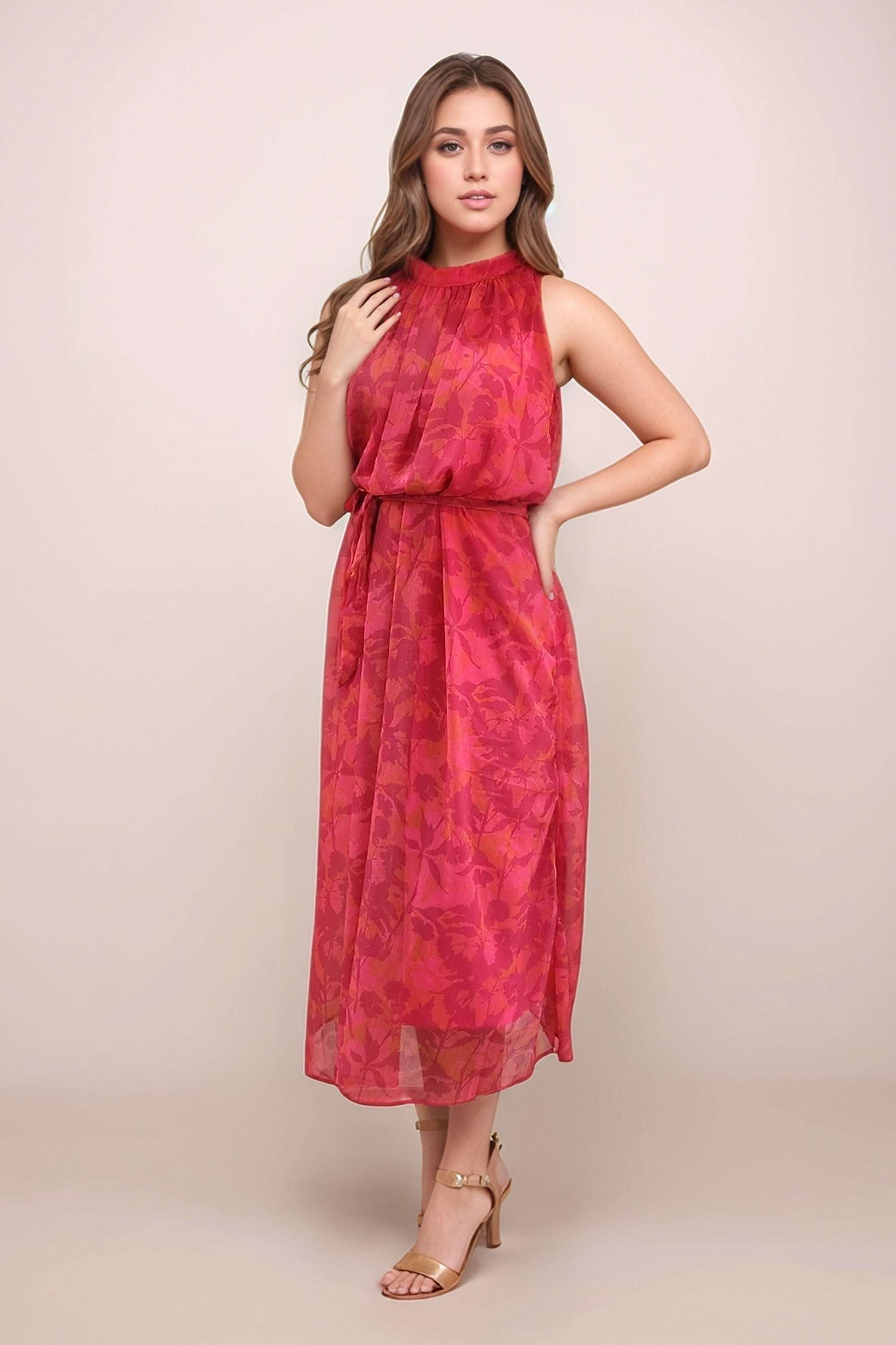 Floral-Polyester-Halter-Neck-Women-s-Maxi-Dress