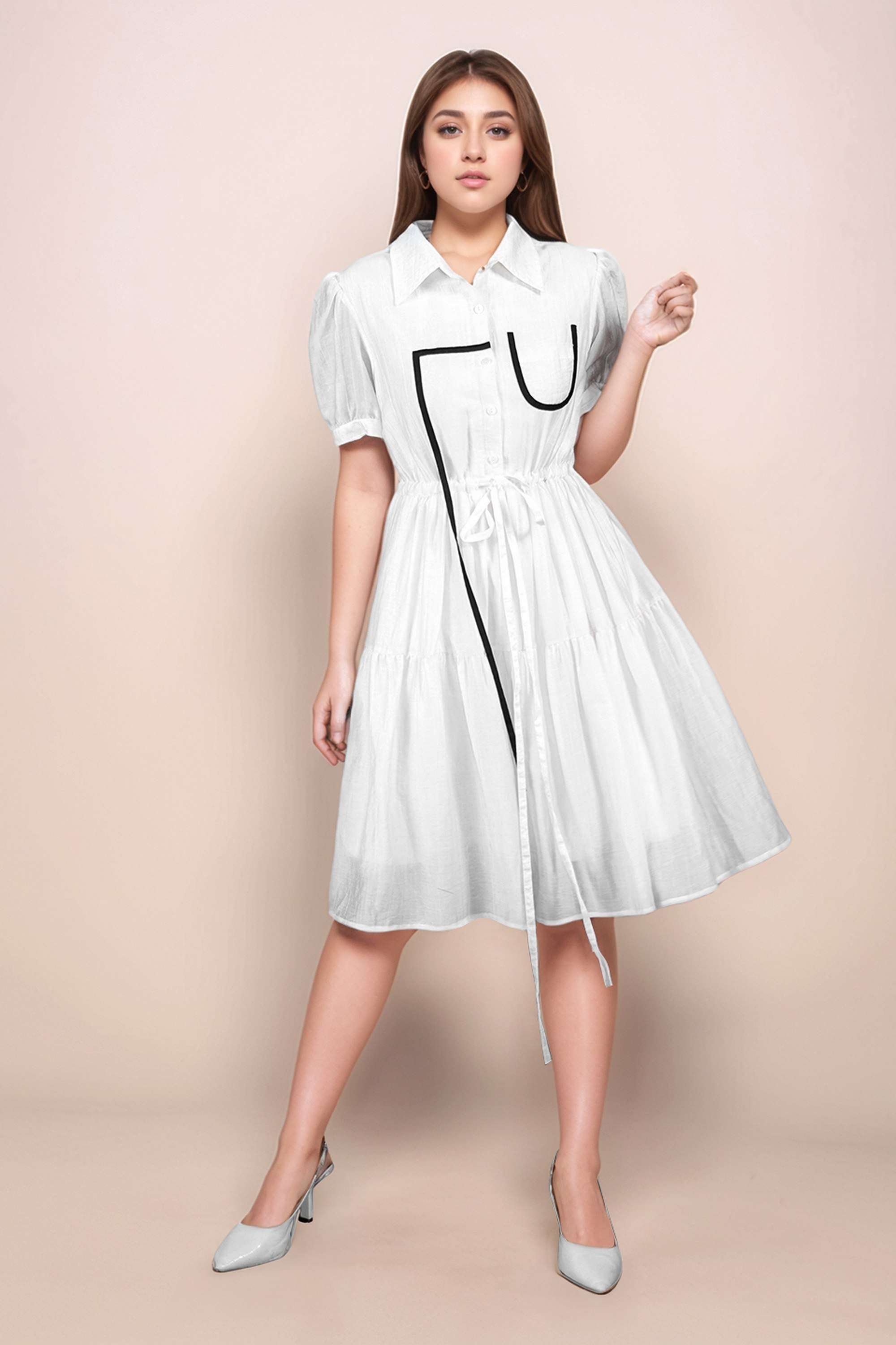 Solid-Polyester-Collared-Women-s-Mini-Dress
