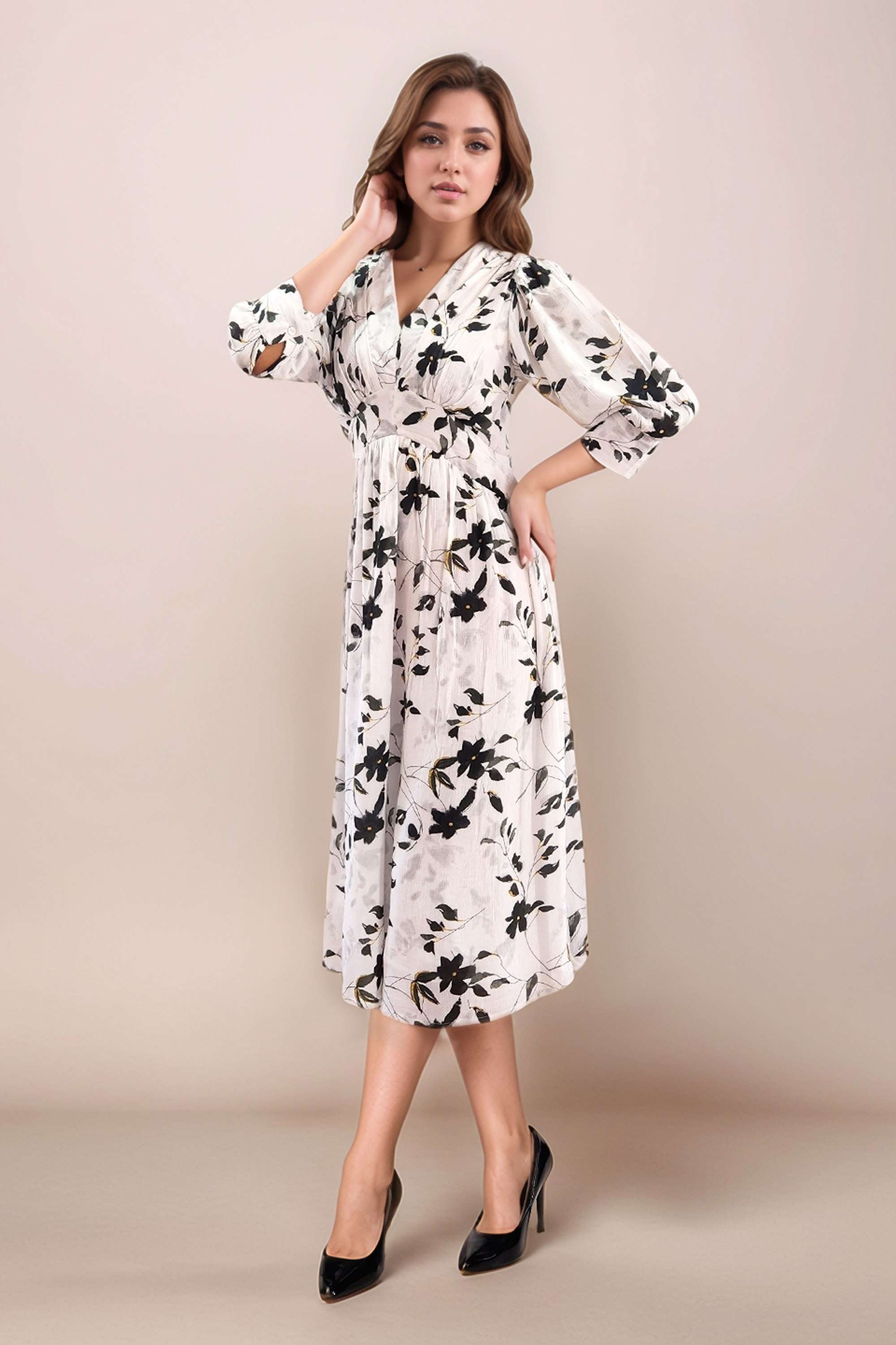 Floral-Rayon-V-Neck-Women-s-Midi-Dress
