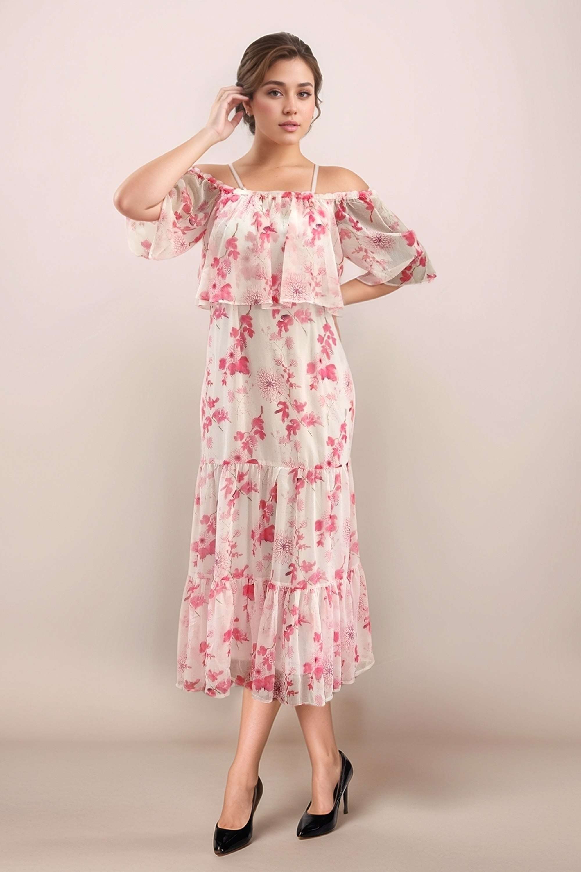 Floral-Polyester-Off-Shoulder-Women-s-Maxi-Dress