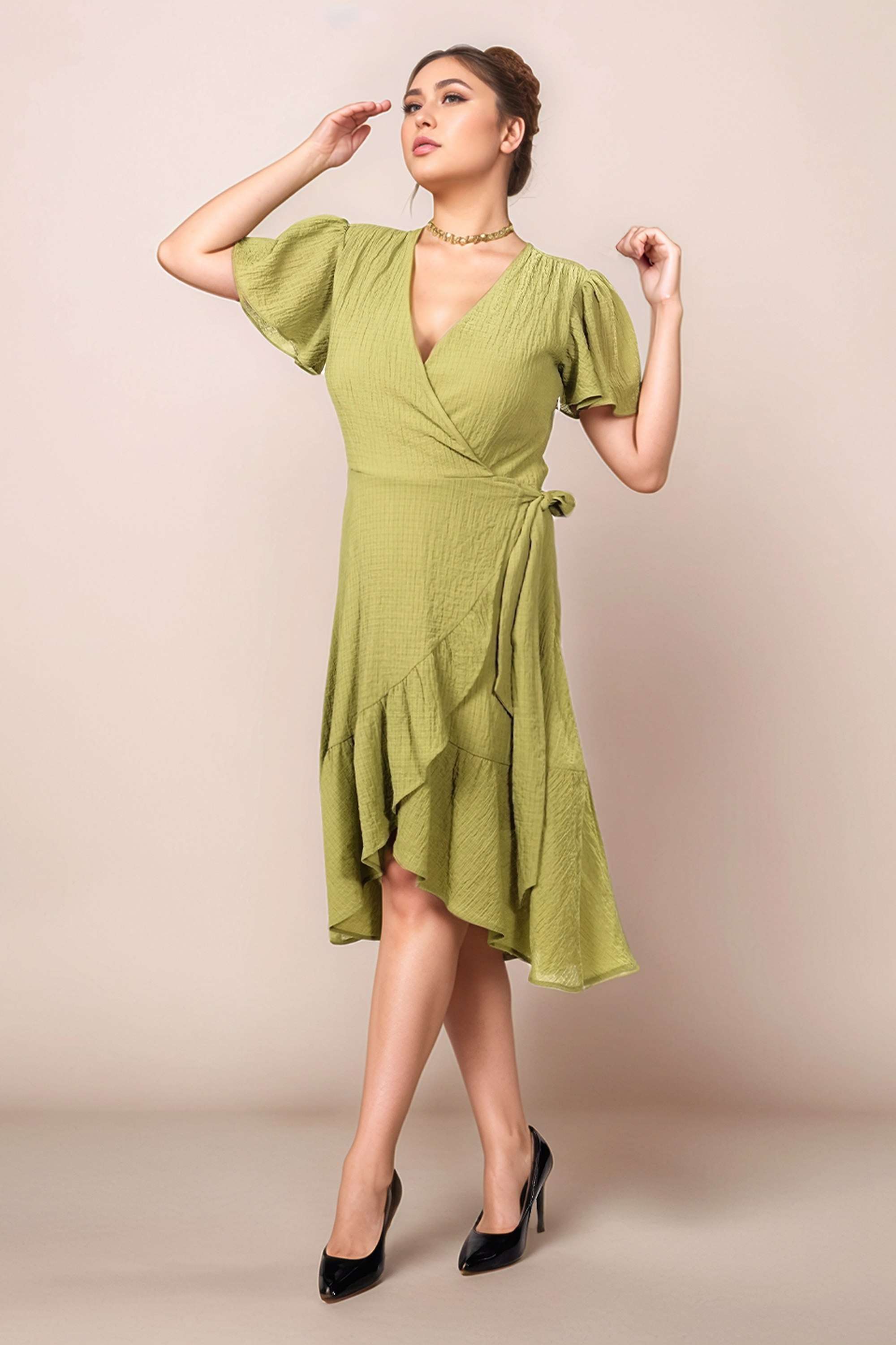 Solid-Polyester-V-Neck-Women-s-Midi-Dress