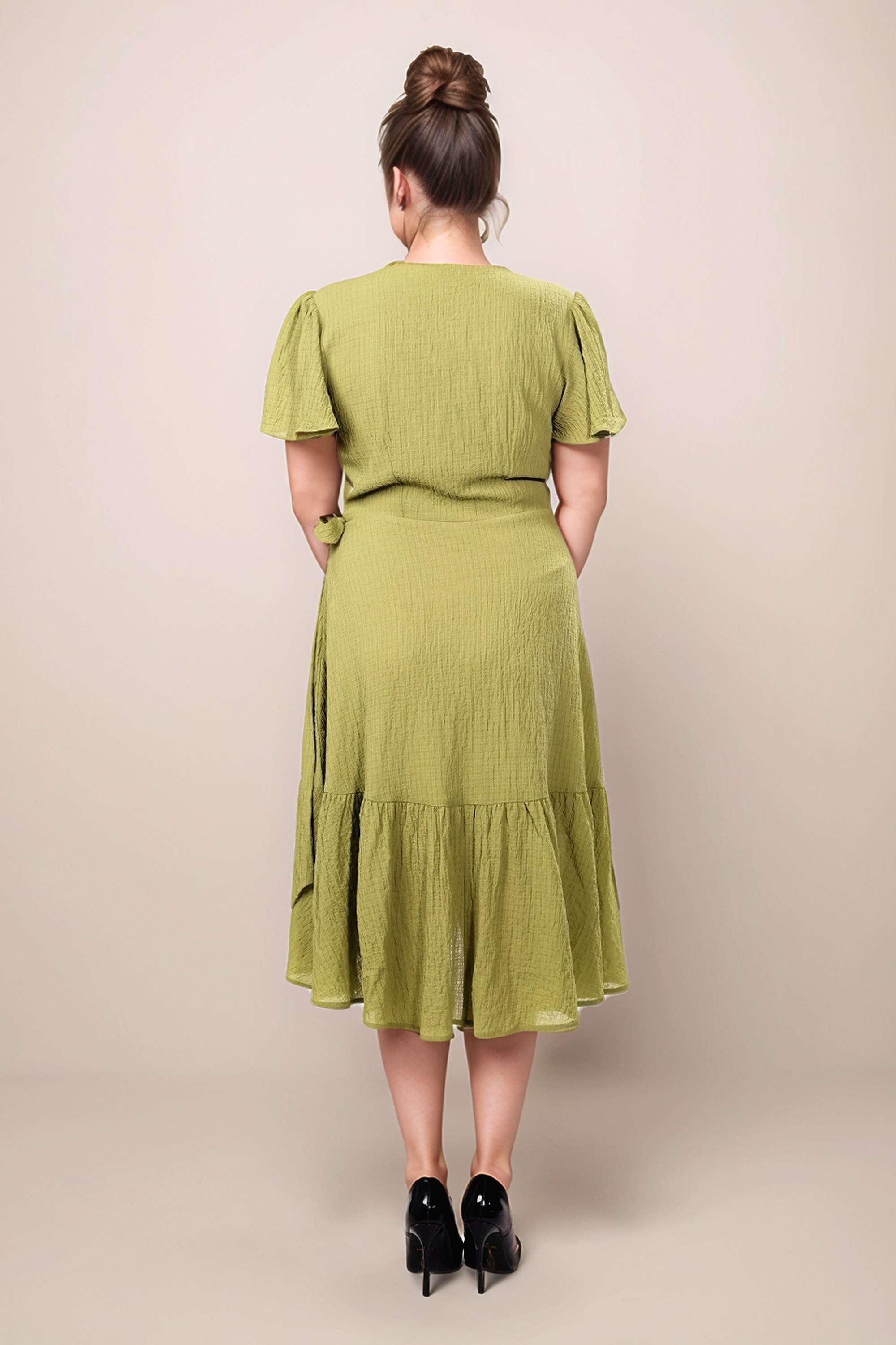 Solid-Polyester-V-Neck-Women-s-Midi-Dress