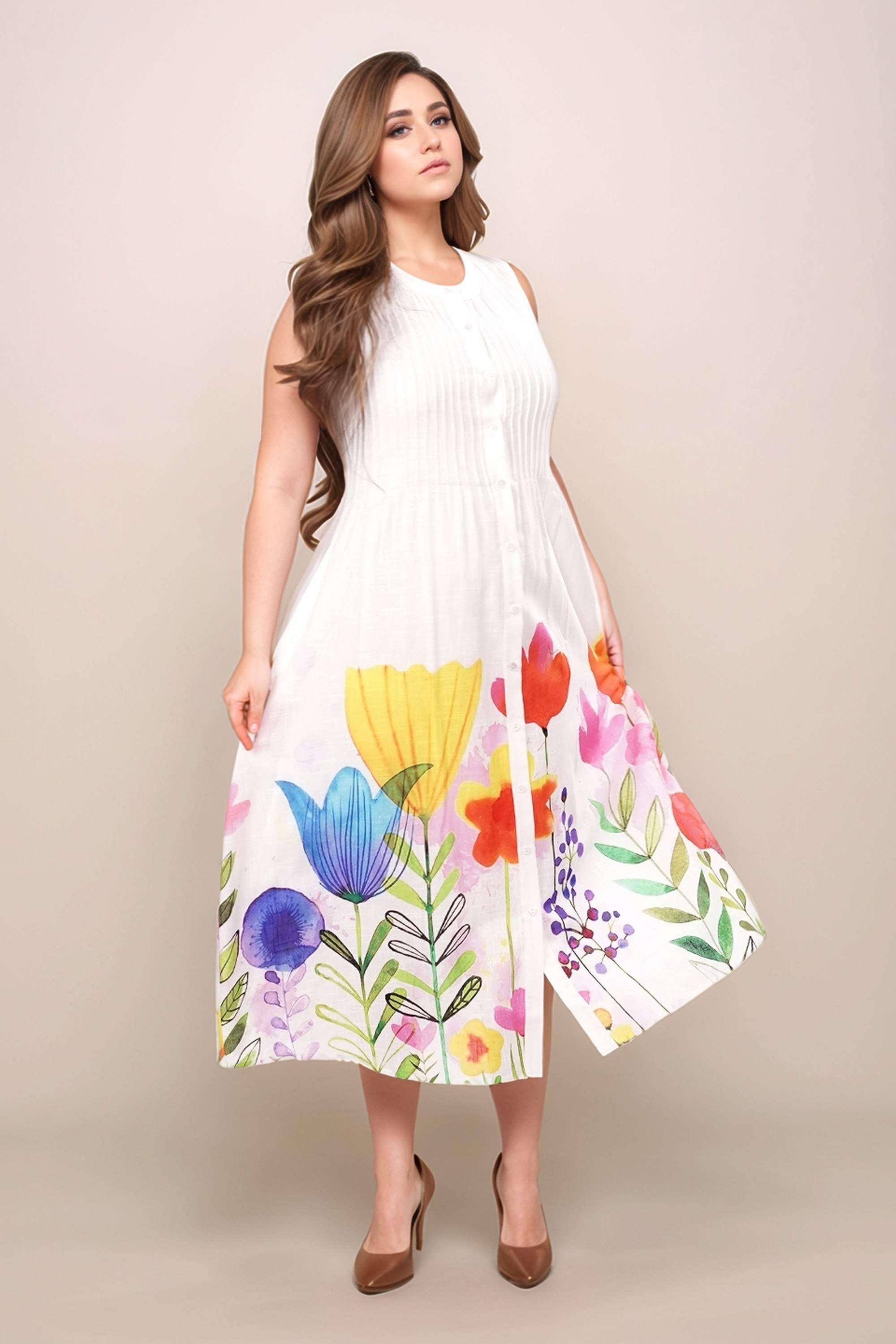 Floral-Cotton-Collared-Women-s-Midi-Dress