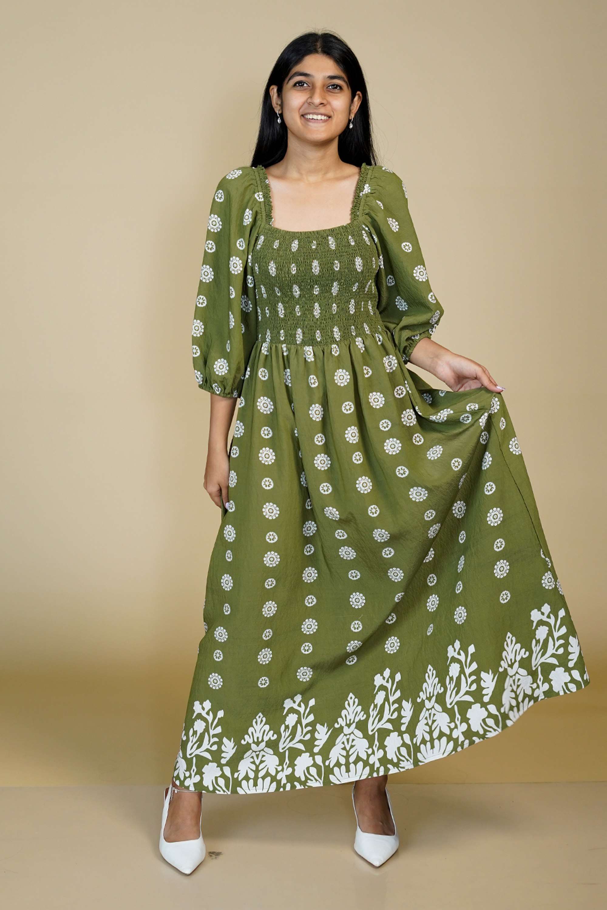 Printed-Blended-Fabric-Square-Neck-Women-s-Maxi-Dress