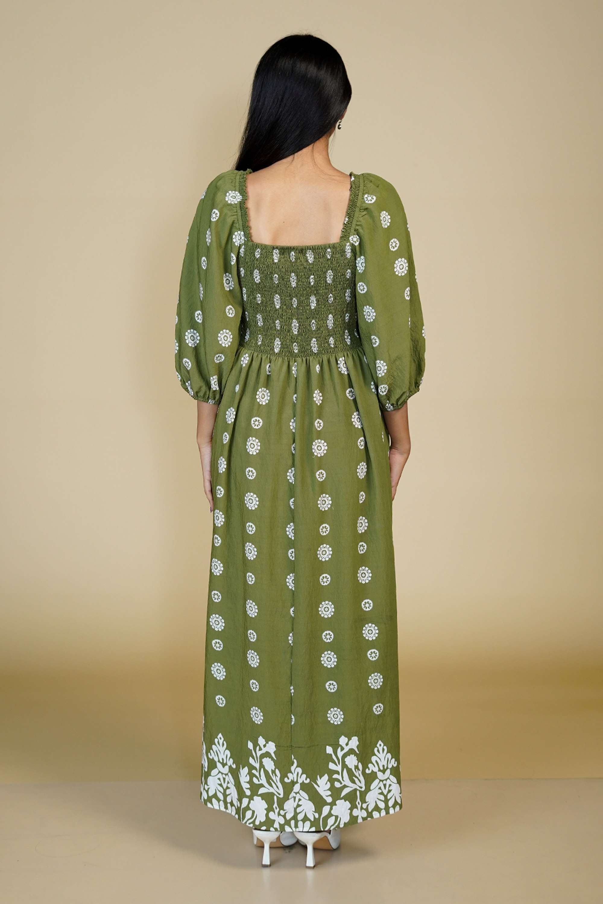Printed-Blended-Fabric-Square-Neck-Women-s-Maxi-Dress