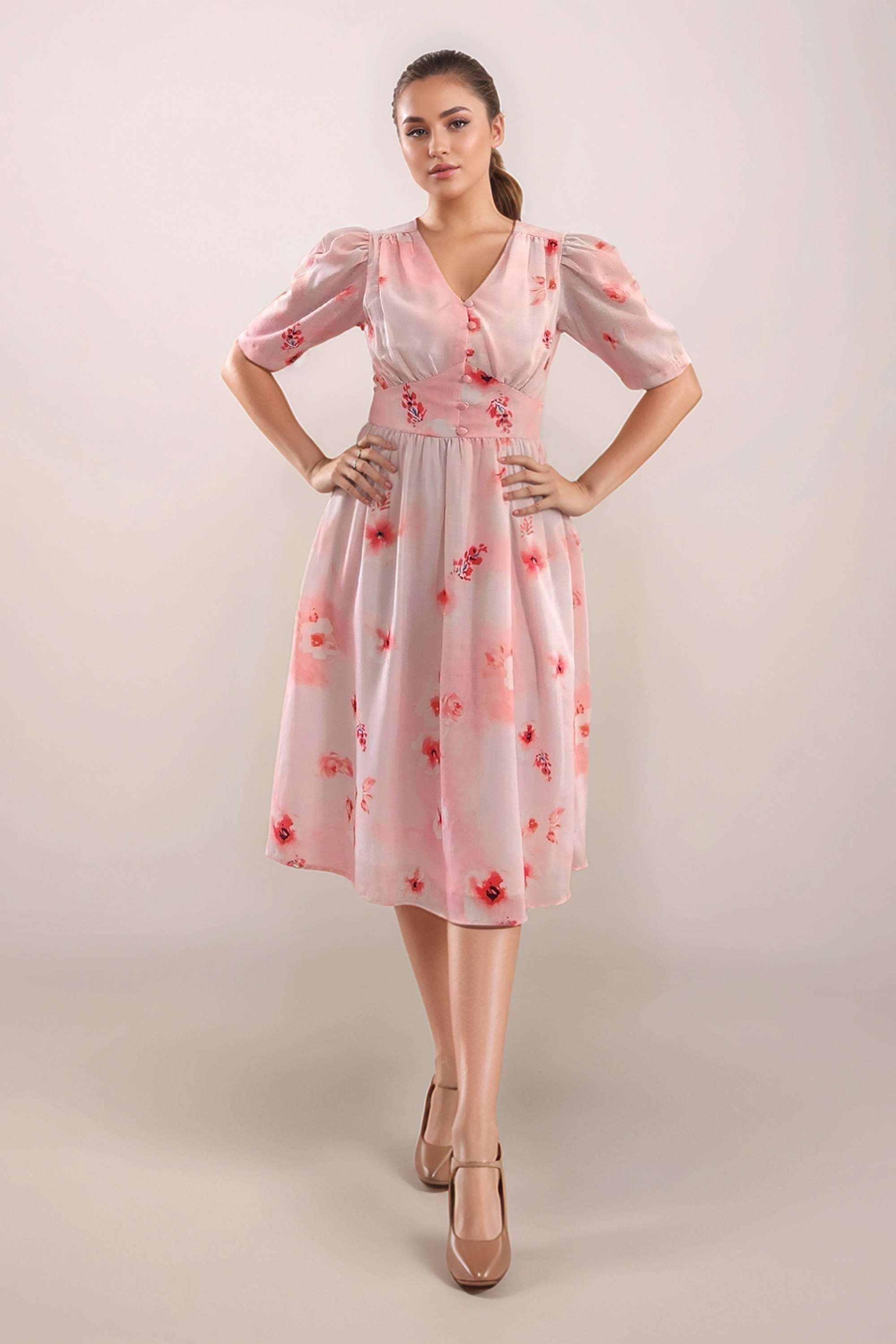 zink london Floral Polyester V-Neck Women's Midi Dress-picture-34