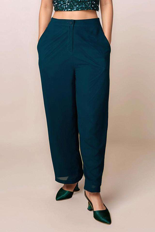 Solid-Polyester-Slim-Fit-Women-s-High-Waist-Trousers