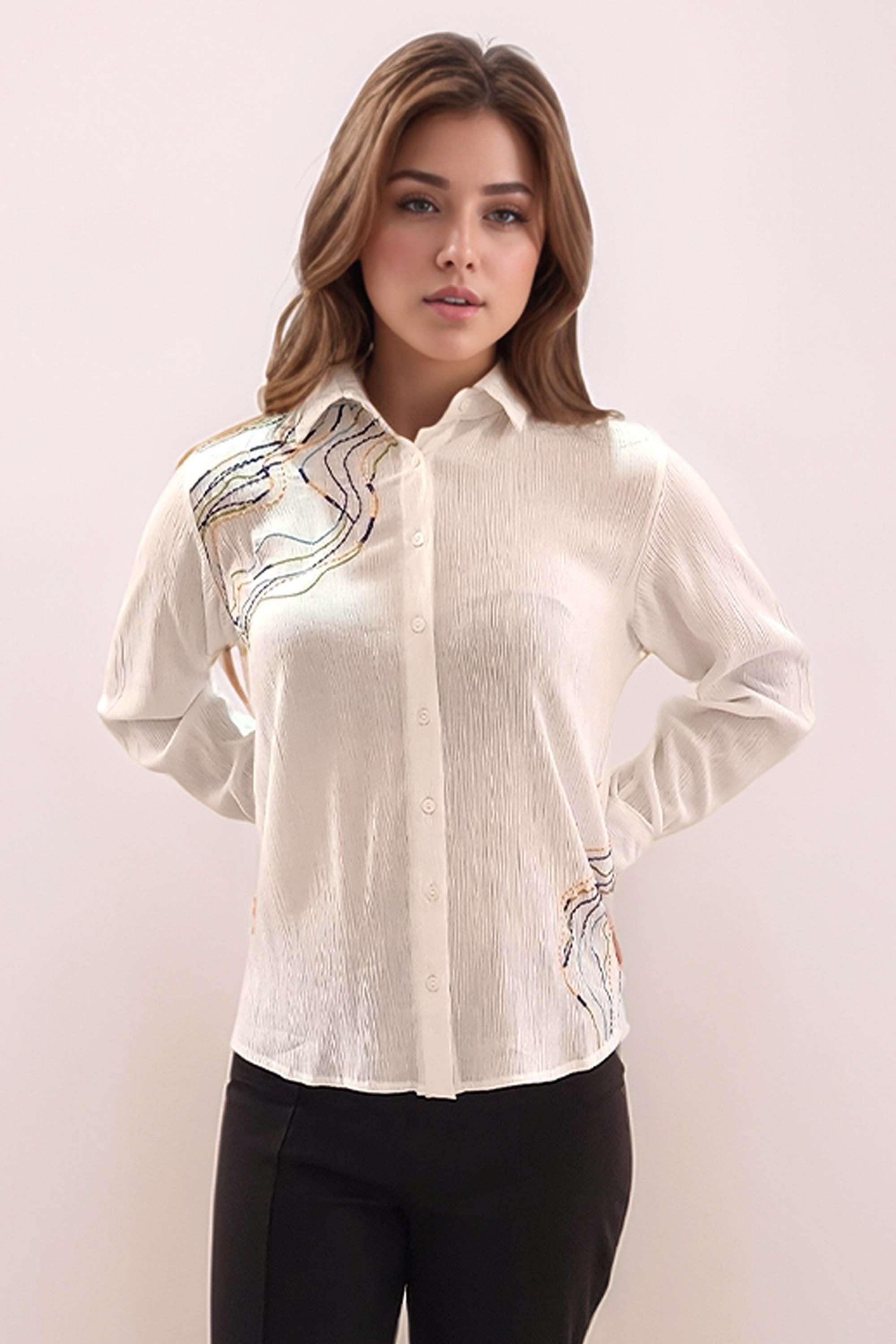 Embroidered-Viscose-Collared-Women-s-Top